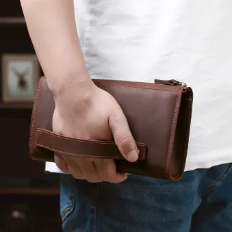 Genuine Leather Crazy Horse Clutch Bag – Large Capacity Hand-Held Mobile Wallet
